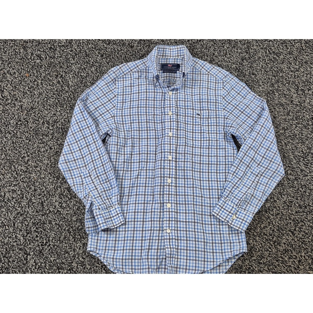 Vineyard Vines Slim Fit Tucker Shirt Plaid‎ Blue Linen Cotton Long Sleeve Small - Picture 2 of 7
